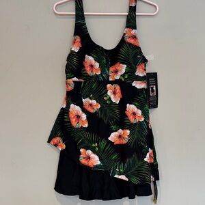 Girls Black Floral One-Piece Swim Dress with Peach Hibiscus Print